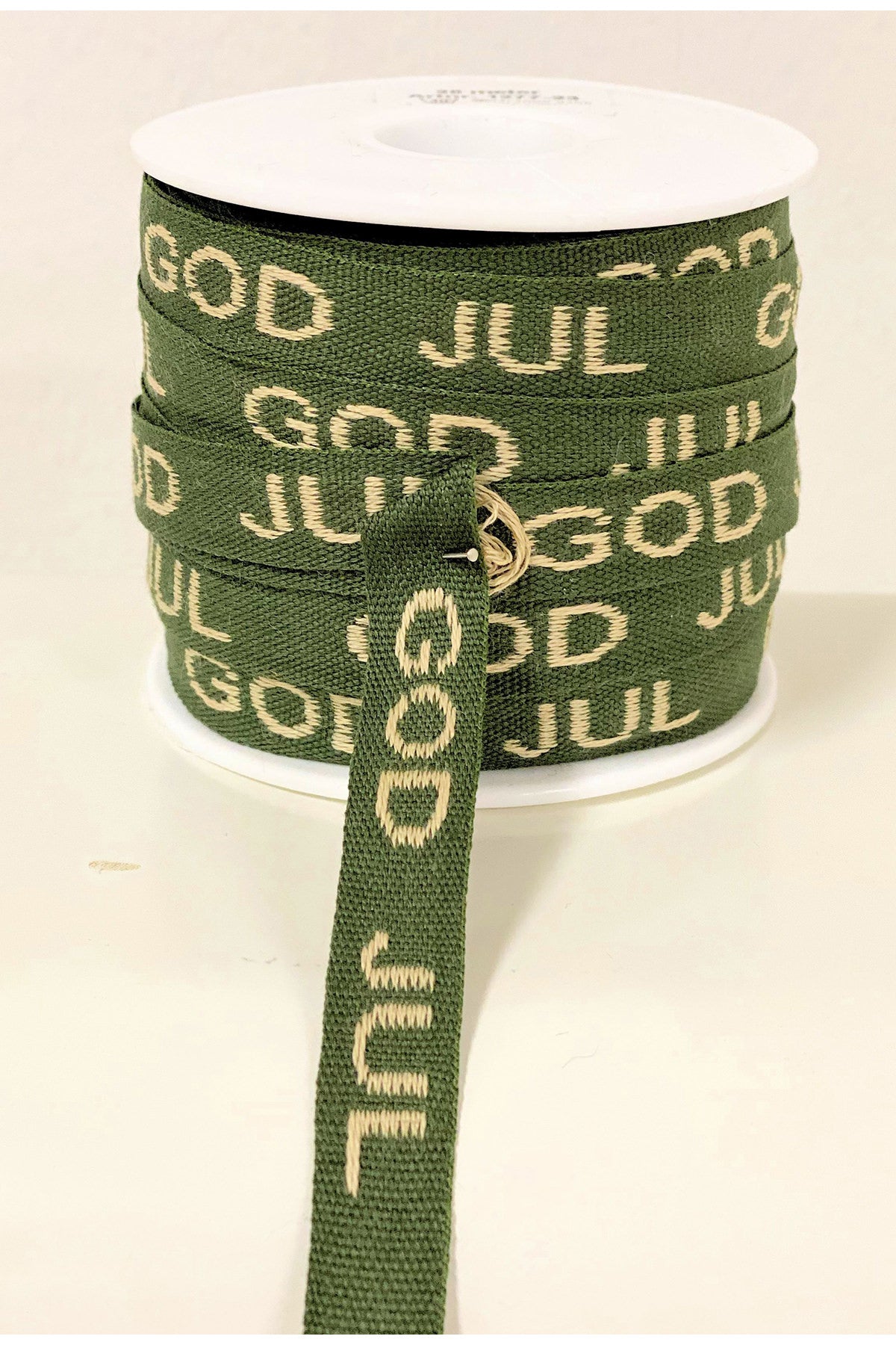 Band God Jul, beige/Text grün | 12 mm breit /25 m Rolle