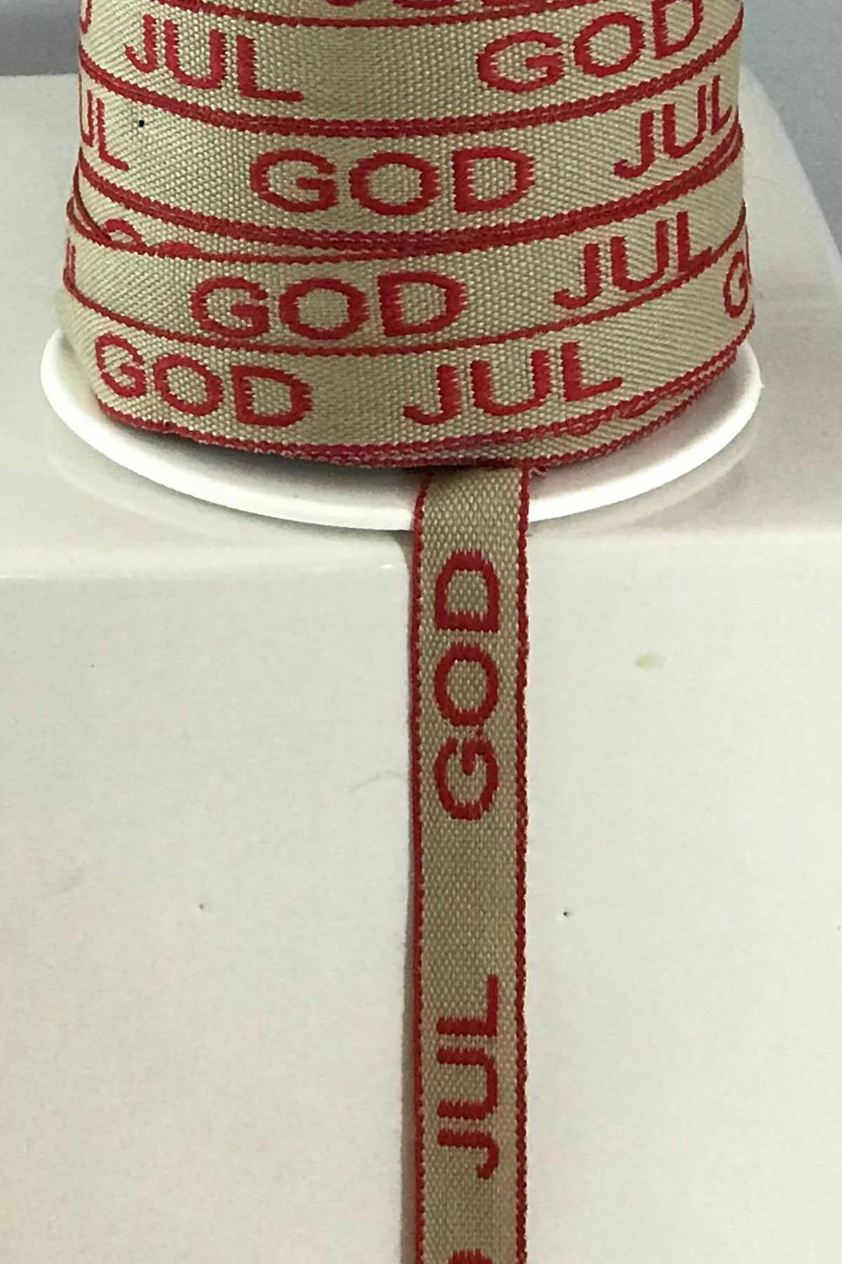 Band God Jul, beige/Text rot | 12 mm breit /25 m Rolle